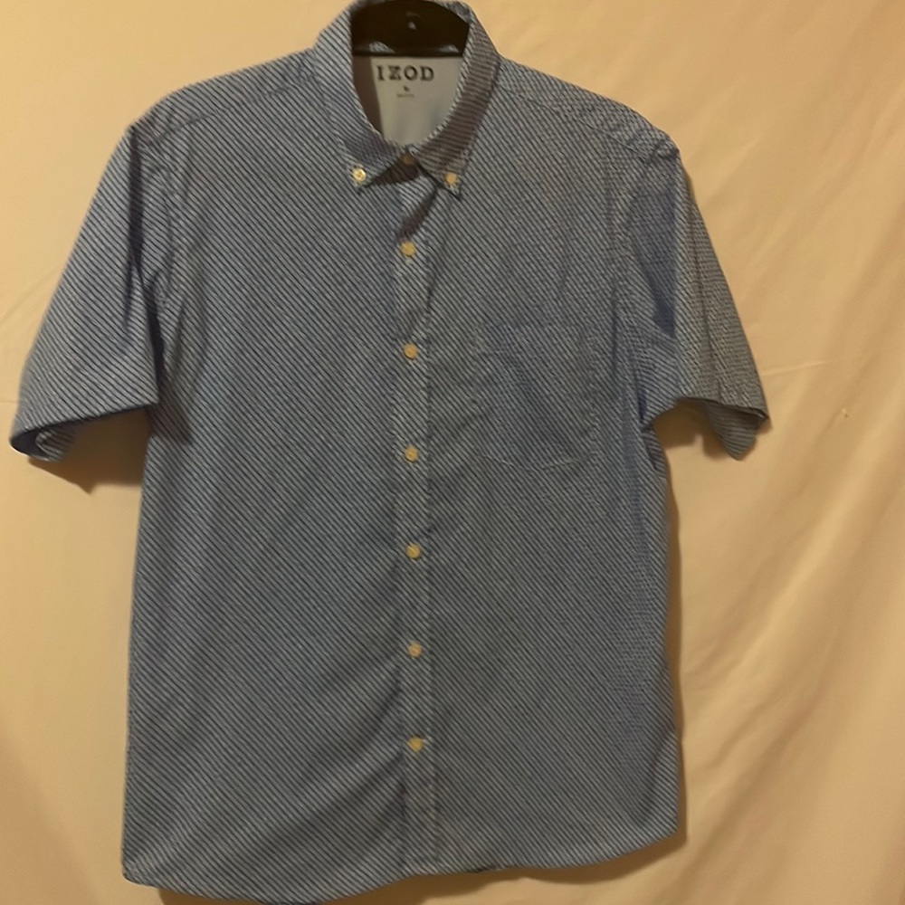 Blue Izod button-down, collared dress shirt.